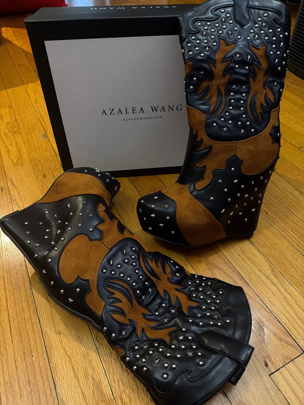 Azalea Wang Studded Black Brown Wedge Mid Calf Boots Leather Suede